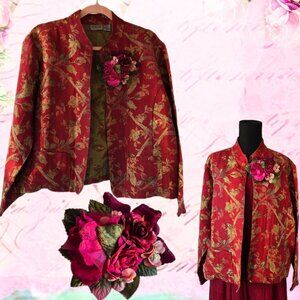 Chico's Red and Gold Metallic Open Front Short Jacket Mandarin Collar Silk-Blend